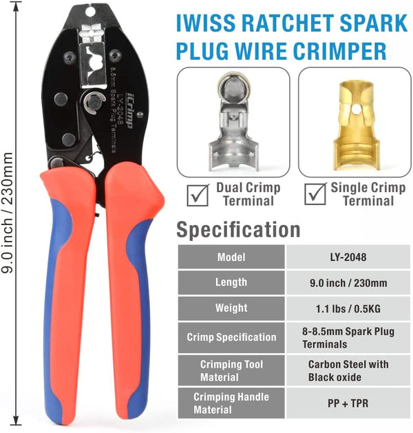 Ratchet Spark Plug Wire Crimper for Spark Plug Ignition Wire and Terminals Dia. 8.5mm²