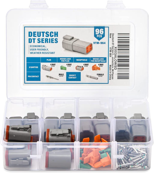 Deutsch DT Series Connector Assortment, Size 16 Solid Contacts 20-16 Gauge, 4 Way Automotive Electrical Connectors, 96 Pieces