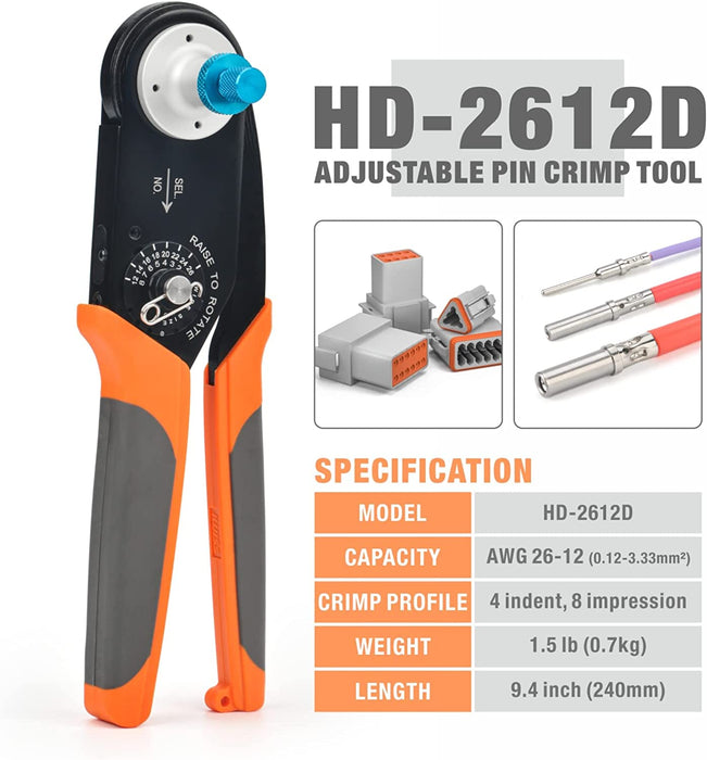 iCrimp HD-0812D 12-8 AWG Upper Range Crimp Tool Eight Indent Deutsch Solid Contacts & Harting HAN C, HAN D, HAN E Heavy Duty Contacts
