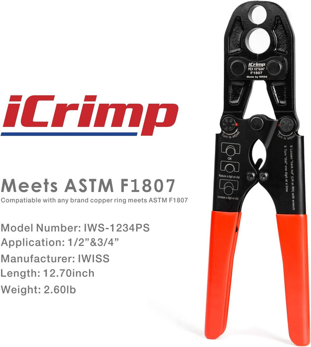 iCrimp 1/2 and 3/4-inch Dual PEX Crimper w/Copper Rings,PEX Cutter and Gauge meets ASTM F1807 standard