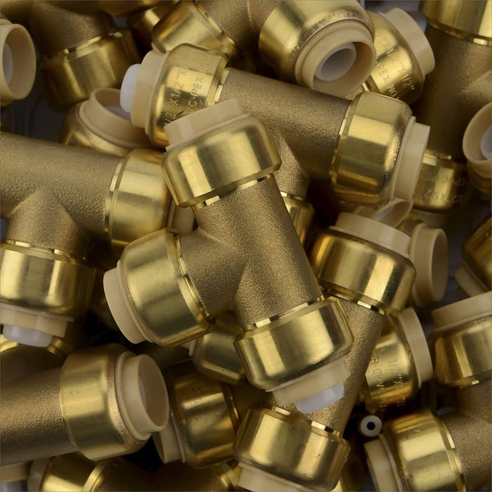 iCrimp 1/2 Inch Push-to-Connect Tee Fitting, Lead Free Brass Fitting for Potable Water Plumbing, 5 Count, NSF61 Certified