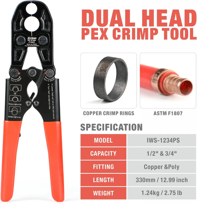 iCrimp Pex Crimping Tool, 1/2-inch & 3/4-inch Copper Ring Heavy Duty Dual Size, c/w Go/No-Go Gauge Meets ASTM F1807