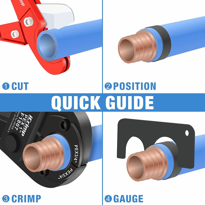 iCrimp PEX Pipe Copper Ring Crimping Tool Kit for 3/8 in, 1/2 in, 3/4 in, 1 in Crimp Rings, Meets F1807 Standard