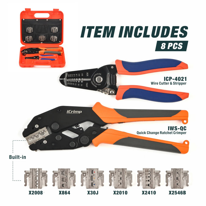iCrimp Quick Change Wire Crimping Tool Set for Heat Shrink, Non-Insulated Terminals, Battery Cable Lugs, Solar connectors, 8 Pieces with Wire Stripper