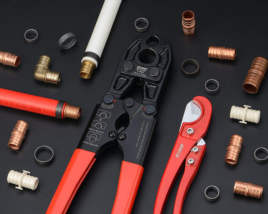 iCrimp 1/2 and 3/4-inch Dual PEX Crimper w/Copper Rings,PEX Cutter and Gauge meets ASTM F1807 standard