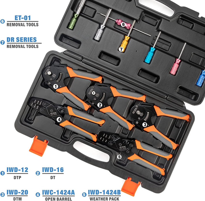 iCrimp Deutsch Connector Crimping Tool Kit for Deutsch DT Connectors, Solid & Stamped Contacts, Delphi Weather Pack Crimper, Removal Tool