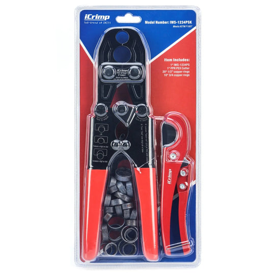 Dual PEX Crimper with 1/2" and 3/4" Copper Rings, PEX Cutter and Go/No-Go Gauge