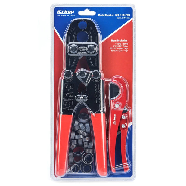 Dual PEX Crimper with 1/2" and 3/4" Copper Rings, PEX Cutter and Go/No-Go Gauge