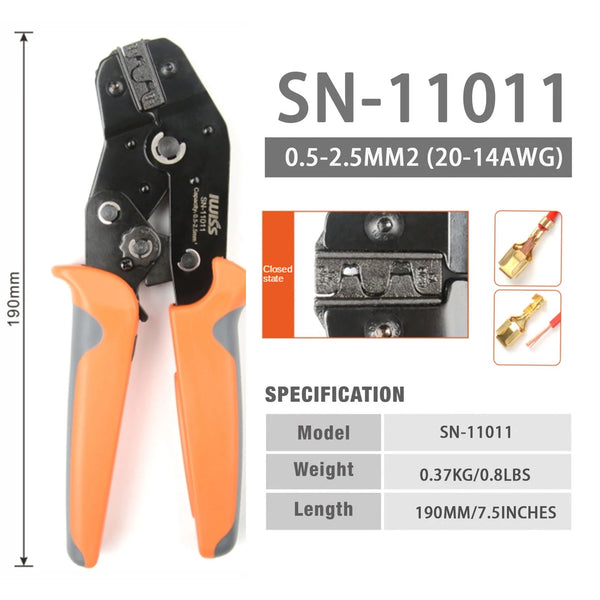 SN-11011 Ratchet Wire Crimper for AWG20-14 Non-insulated Tabs and Receptacles